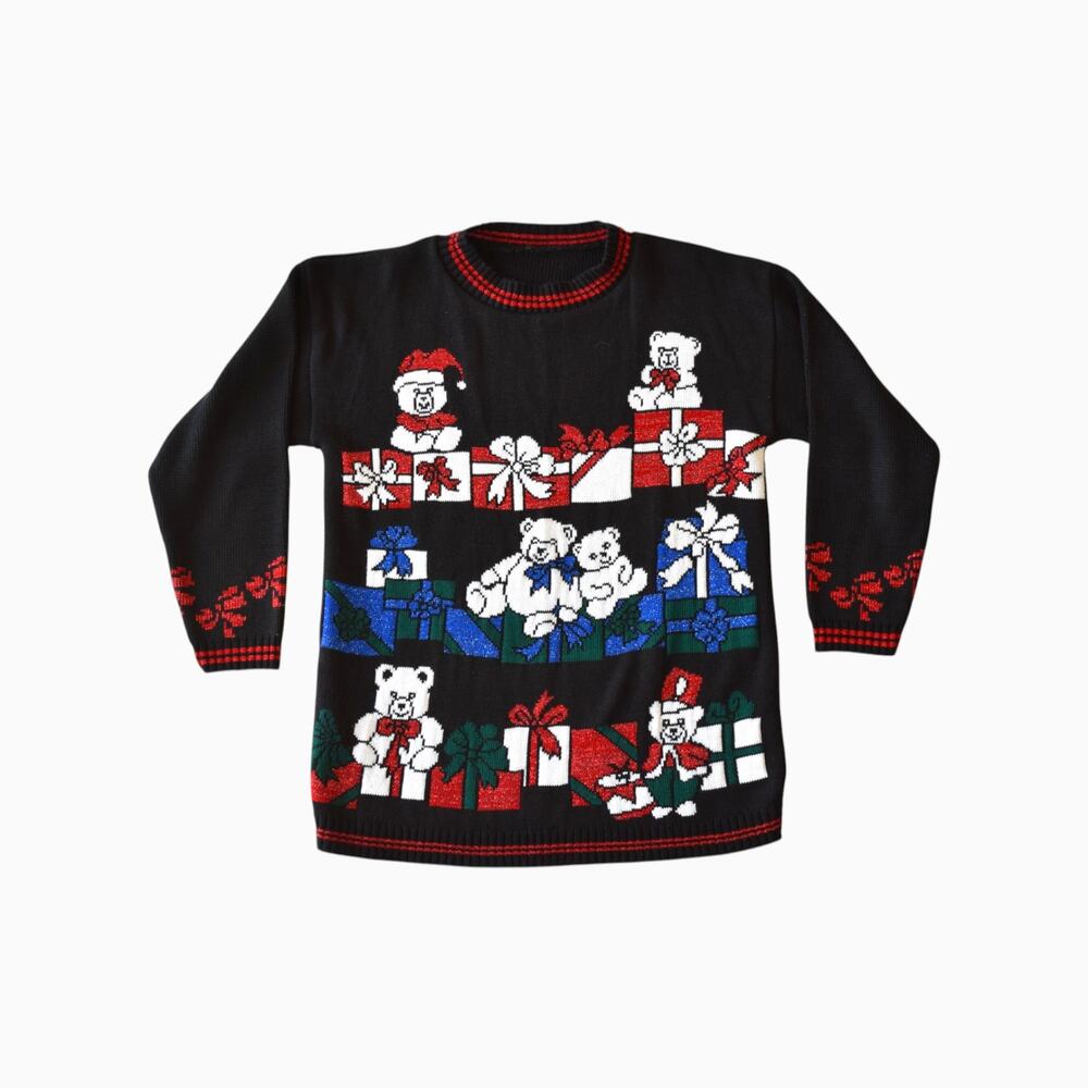 Vintage Festive Teddy Bears Ugly Christmas Sweater Oversized